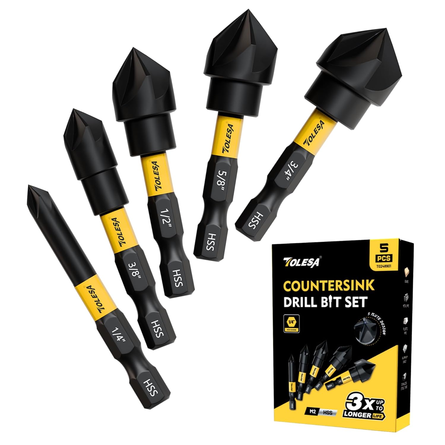 Drill Bit Set - 5-Piece 82° Countersink Drill Bit Set,
